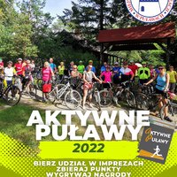 Zdjęcie prezentujące grupę rowerzystów i napis aktywne Puławy