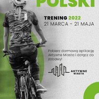 Plakat w kolorach szarym, białym, zielonym i czarnym prezentujący sylwetkę rowerzysty, zawiera informacje z artykułu.