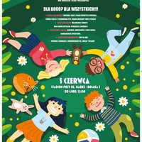 Zielony plakat prezentujący rysunkowe postaci dzieci i treść z artykułu
