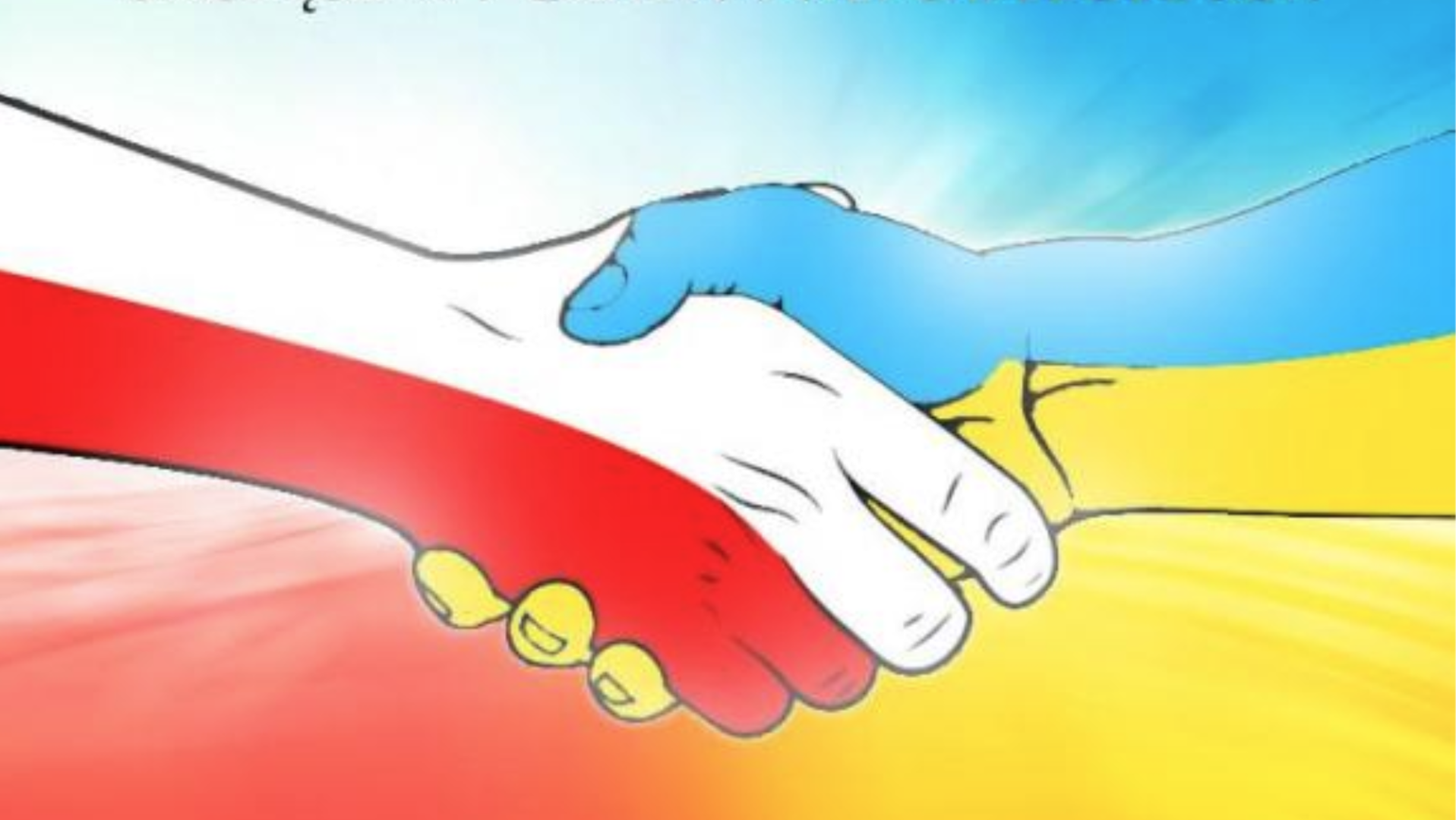 Dwie splecione dłonie w barwach flagi Polski i Ukrainy